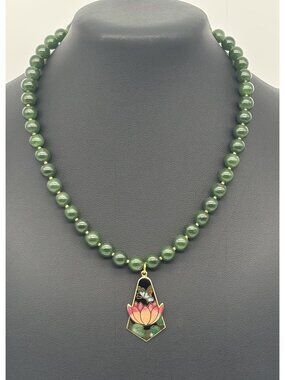 Artisan-Made Beaded Jade Collar Choker Necklace With Lotus Cloisonne Pendant 15"